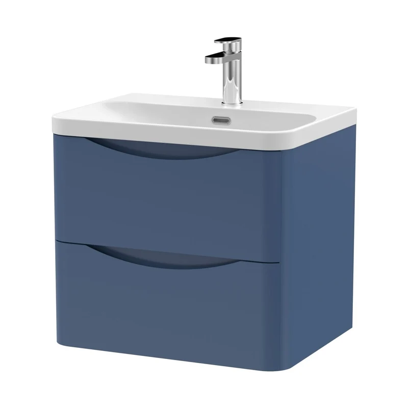 Nuie Lunar 600mm Wall Hung 2 Drawer Vanity & Thin Edge Ceramic Basin Contemporary Satin Blue Ceramic,MFC Painted Matt