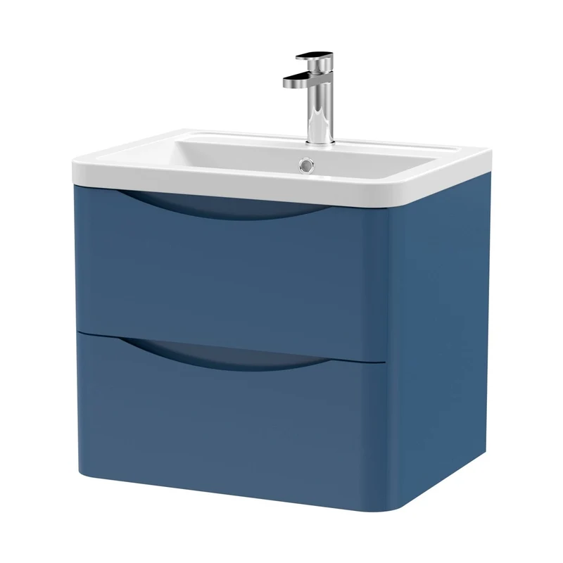 Nuie Lunar 600mm Wall Hung 2 Drawer Vanity & Ceramic Basin Contemporary Satin Blue Ceramic,MFC Painted Matt 540x600x445mm
