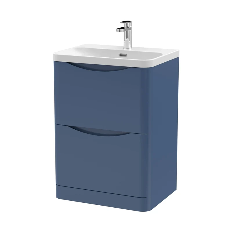 Nuie Lunar 600mm Floor Standing 2 Drawer Vanity & Thin Edge Ceramic Basin Contemporary Satin Blue Ceramic,MFC Painted Matt
