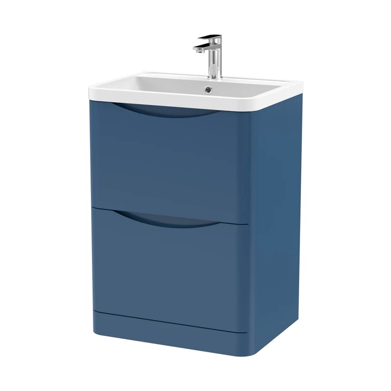 Nuie Lunar 600mm Floor Standing 2 Drawer Vanity & Polymarble Basin Contemporary Satin Blue MFC Painted Matt,polymarble 840x600x445mm