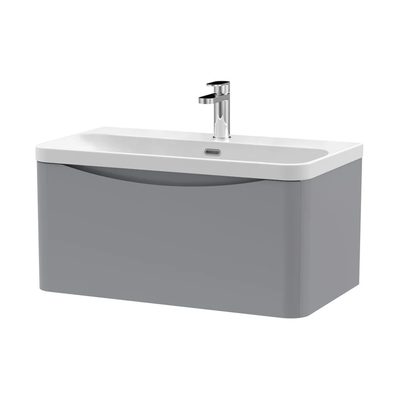 Nuie Lunar 800mm Wall Hung 1 Drawer Vanity & Thin Edge Ceramic Basin Contemporary Satin Grey Ceramic,MFC Painted Matt