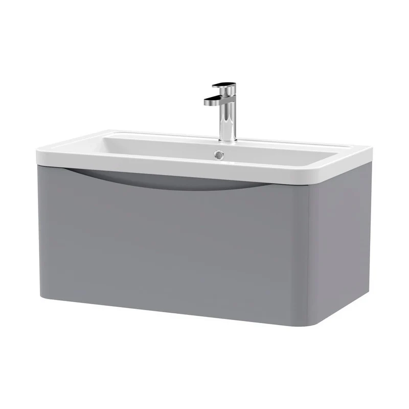 Nuie Lunar 800mm Wall Hung 1 Drawer Vanity & Ceramic Basin Contemporary Satin Grey Ceramic,MFC Painted Matt 399x800x445mm