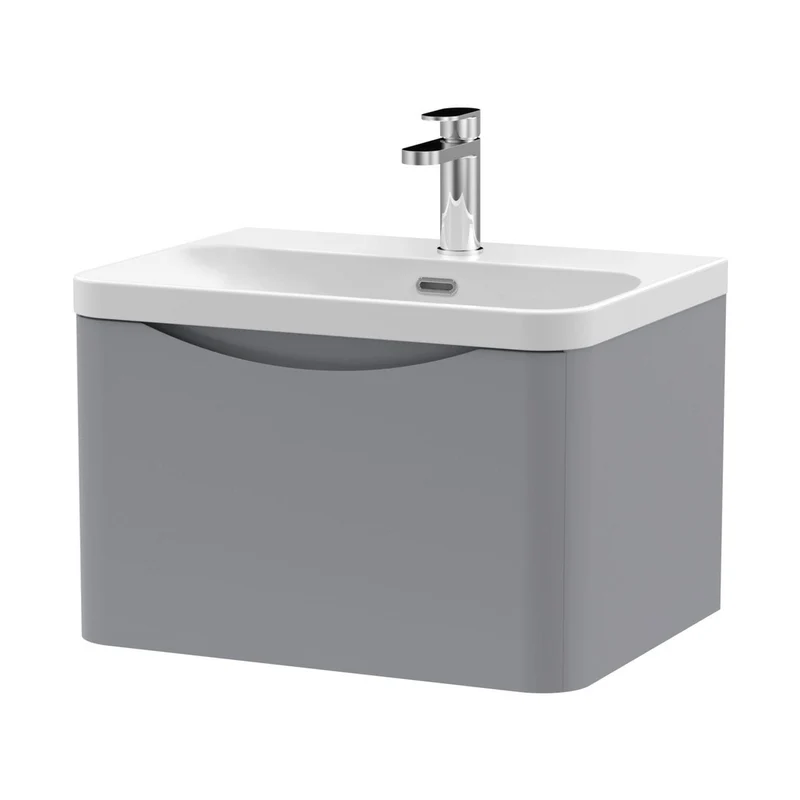 Nuie Lunar 600mm Wall Hung 1 Drawer Vanity & Thin Edge Ceramic Basin Contemporary Satin Grey Ceramic,MFC Painted Matt