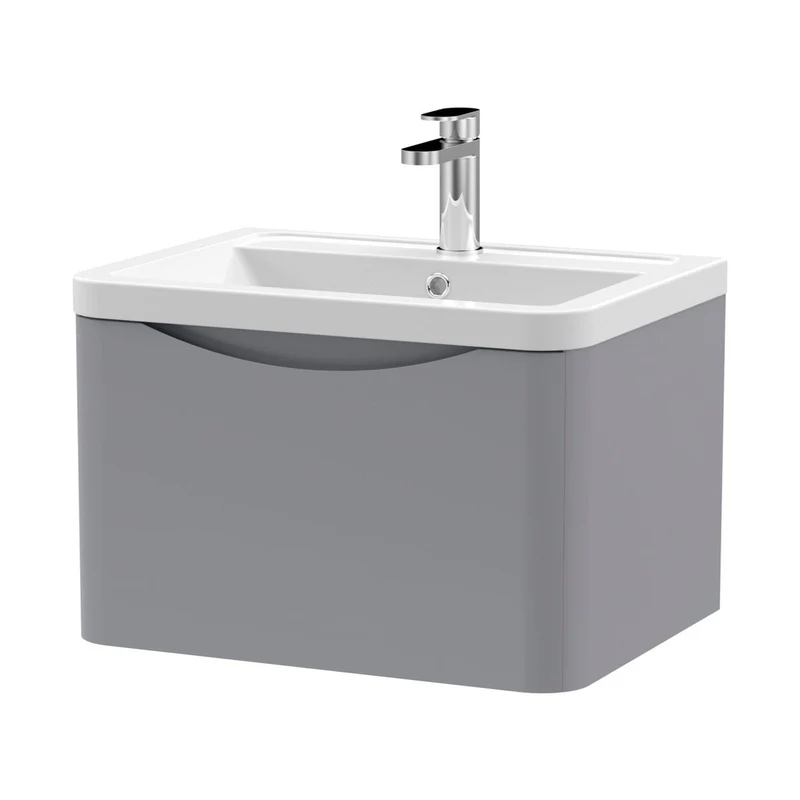 Nuie Lunar 600mm Wall Hung 1 Drawer Vanity & Ceramic Basin Contemporary Satin Grey Ceramic,MFC Painted Matt 399x600x445mm