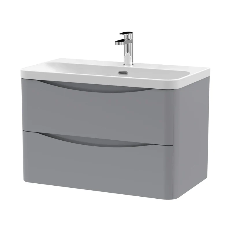 Nuie Lunar 800mm Wall Hung 2 Drawer Vanity & Thin Edge Ceramic Basin Contemporary Satin Grey Ceramic,MFC Painted Matt