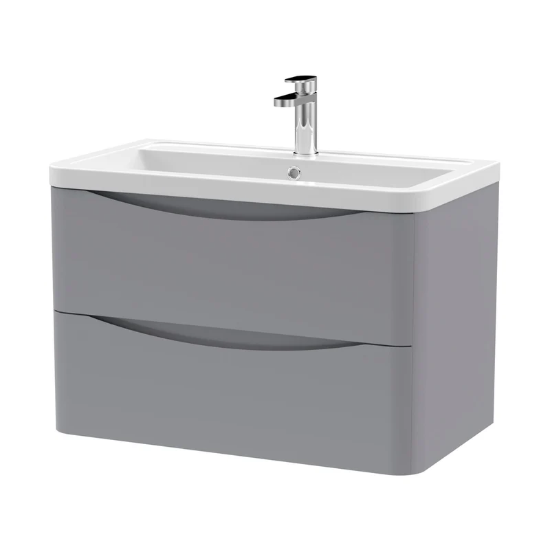 Nuie Lunar 800mm Wall Hung 2 Drawer Vanity & Ceramic Basin Contemporary Satin Grey Ceramic,MFC Painted Matt 540x800x445mm