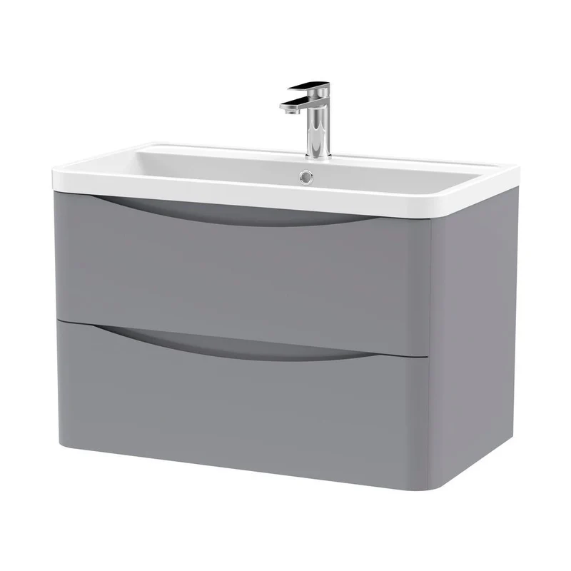Nuie Lunar 800mm Wall Hung 2 Drawer Vanity & Polymarble Basin Contemporary Satin Grey MFC Painted Matt,polymarble 540x800x445mm