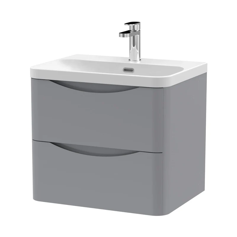 Nuie Lunar 600mm Wall Hung 2 Drawer Vanity & Thin Edge Ceramic Basin Contemporary Satin Grey Ceramic,MFC Painted Matt