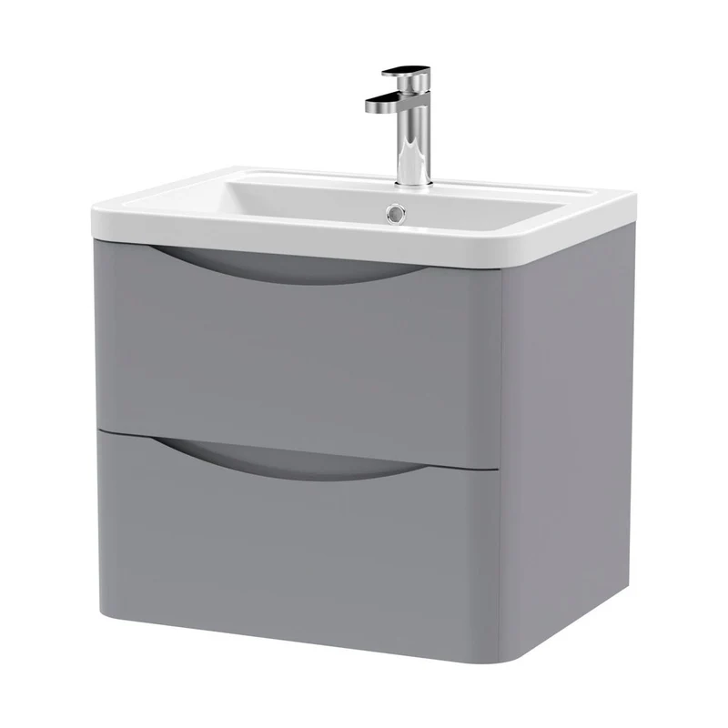 Nuie Lunar 600mm Wall Hung 2 Drawer Vanity & Ceramic Basin Contemporary Satin Grey Ceramic,MFC Painted Matt 540x600x445mm