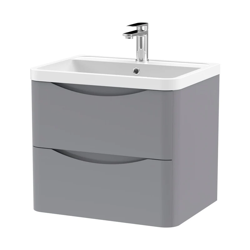 Nuie Lunar 600mm Wall Hung 2 Drawer Vanity & Polymarble Basin Contemporary Satin Grey MFC Painted Matt,polymarble 540x600x445mm
