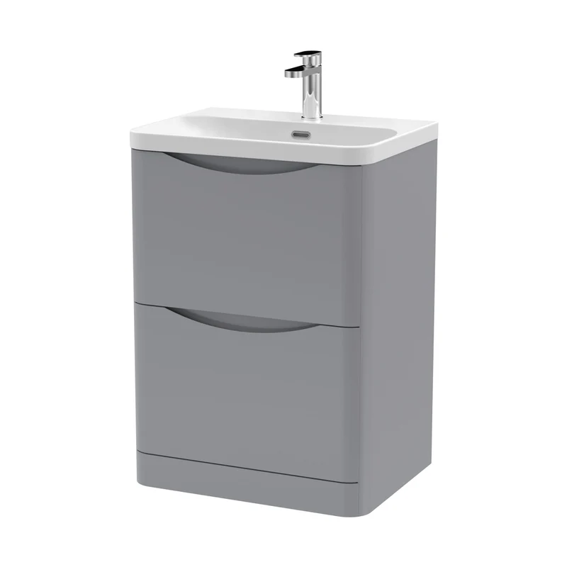 Nuie Lunar 600mm Floor Standing 2 Drawer Vanity & Thin Edge Ceramic Basin Contemporary Satin Grey Ceramic,MFC Painted Matt