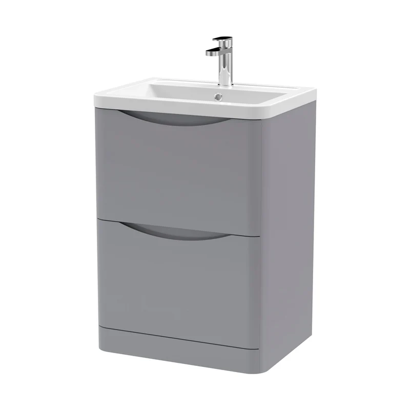 Nuie Lunar 600mm Floor Standing 2 Drawer Vanity & Ceramic Basin Contemporary Satin Grey Ceramic,MFC Painted Matt 840x600x445mm