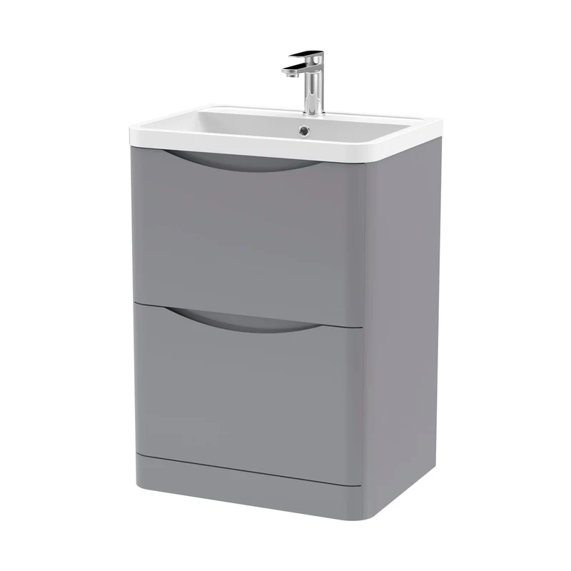 Nuie Lunar 600mm Floor Standing 2 Drawer Vanity & Polymarble Basin Contemporary Satin Grey MFC Painted Matt,polymarble 840x600x445mm