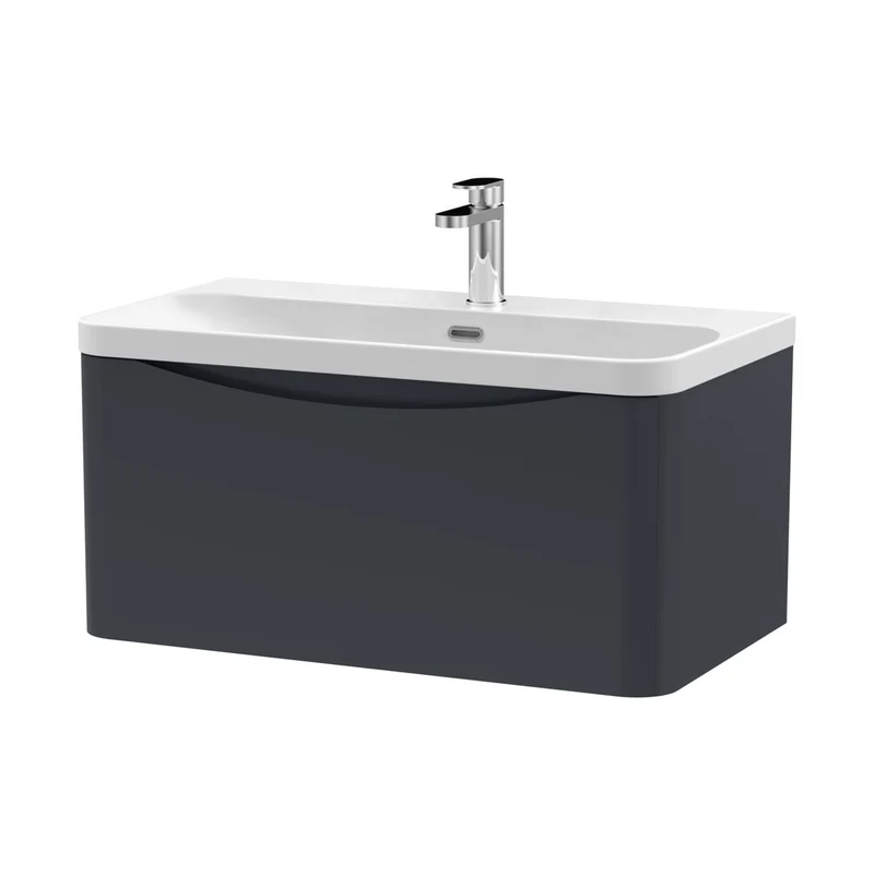 Nuie Lunar 800mm Wall Hung 1 Drawer Vanity & Thin Edge Ceramic Basin Contemporary Soft Black Ceramic,MFC Painted Matt