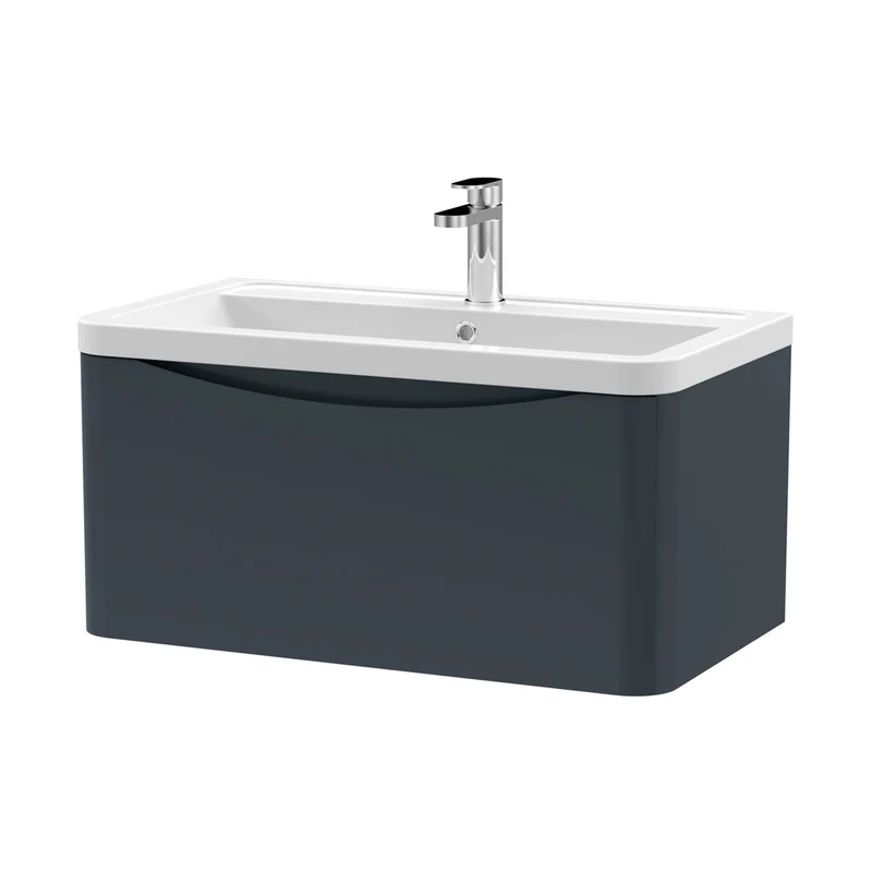 Nuie Lunar 800mm Wall Hung 1 Drawer Vanity & Ceramic Basin Contemporary Soft Black Ceramic,MFC Painted Matt 399x800x445mm
