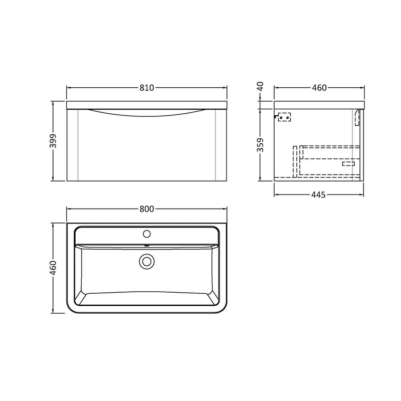 Nuie Lunar 800mm Wall Hung 1 Drawer Vanity & Ceramic Basin Contemporary Soft Black Ceramic,MFC Painted Matt 399x800x445mm