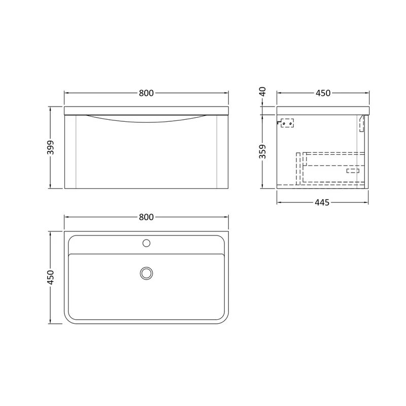 Nuie Lunar 800mm Wall Hung 1 Drawer Vanity & Polymarble Basin Contemporary Soft Black MFC Painted Matt,polymarble 399x800x445mm