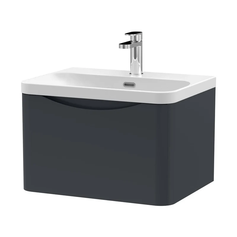 Nuie Lunar 600mm Wall Hung 1 Drawer Vanity & Thin Edge Ceramic Basin Contemporary Soft Black Ceramic,MFC Painted Matt