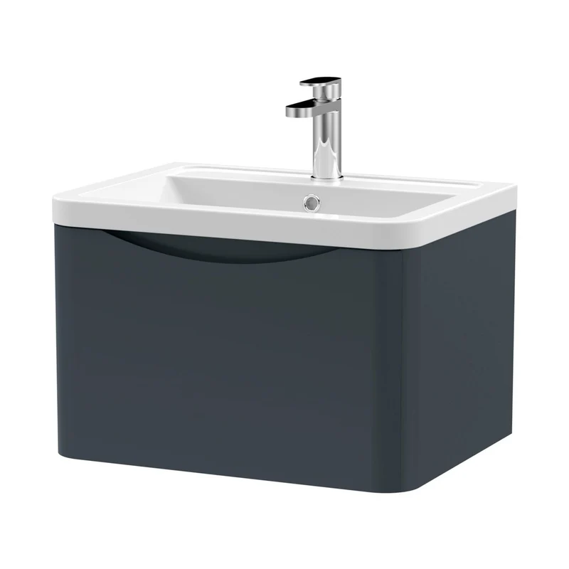 Nuie Lunar 600mm Wall Hung 1 Drawer Vanity & Ceramic Basin Contemporary Soft Black Ceramic,MFC Painted Matt 399x600x445mm