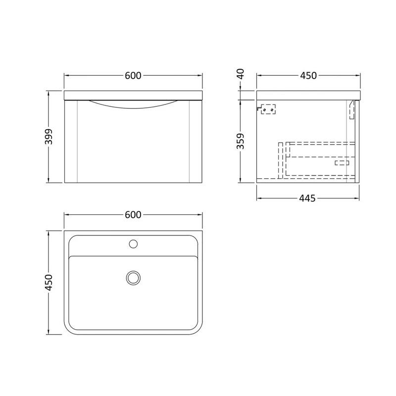 Nuie Lunar 600mm Wall Hung 1 Drawer Vanity & Polymarble Basin Contemporary Soft Black MFC Painted Matt,polymarble 399x600x445mm