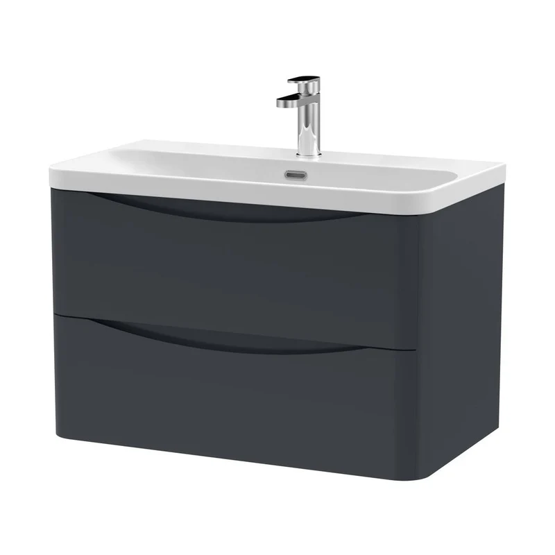 Nuie Lunar 800mm Wall Hung 2 Drawer Vanity & Thin Edge Ceramic Basin Contemporary Soft Black Ceramic,MFC Painted Matt