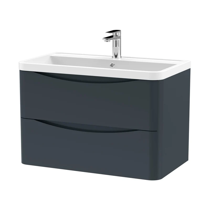 Nuie Lunar 800mm Wall Hung 2 Drawer Vanity & Polymarble Basin Contemporary Soft Black MFC Painted Matt,polymarble 540x800x445mm