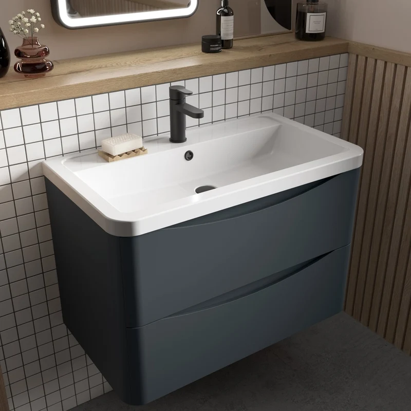 Nuie Lunar 800mm Wall Hung 2 Drawer Vanity & Polymarble Basin Contemporary Soft Black MFC Painted Matt,polymarble 540x800x445mm