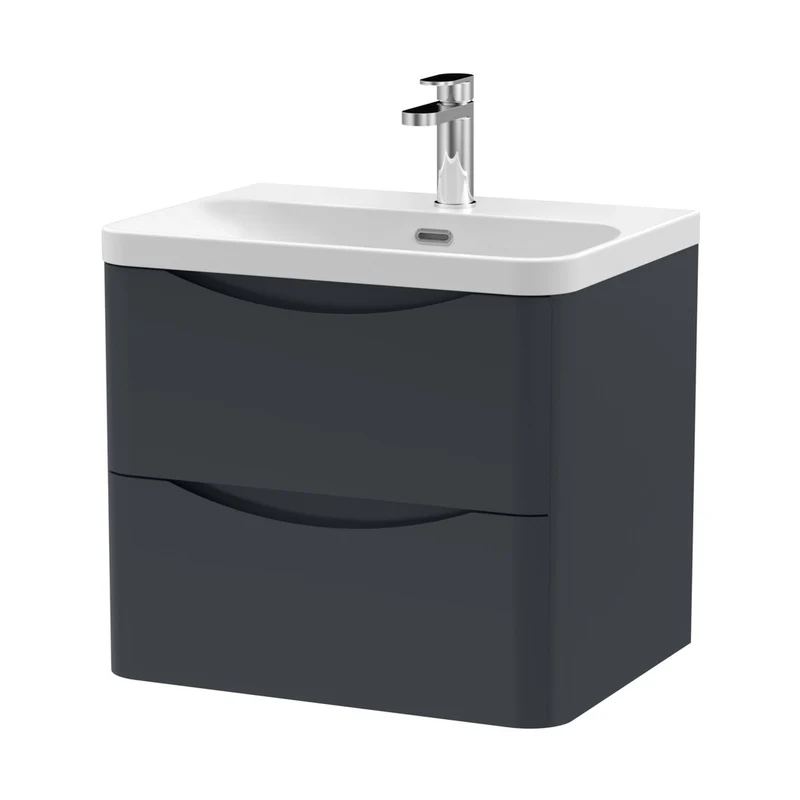 Nuie Lunar 600mm Wall Hung 2 Drawer Vanity & Thin Edge Ceramic Basin Contemporary Soft Black Ceramic,MFC Painted Matt
