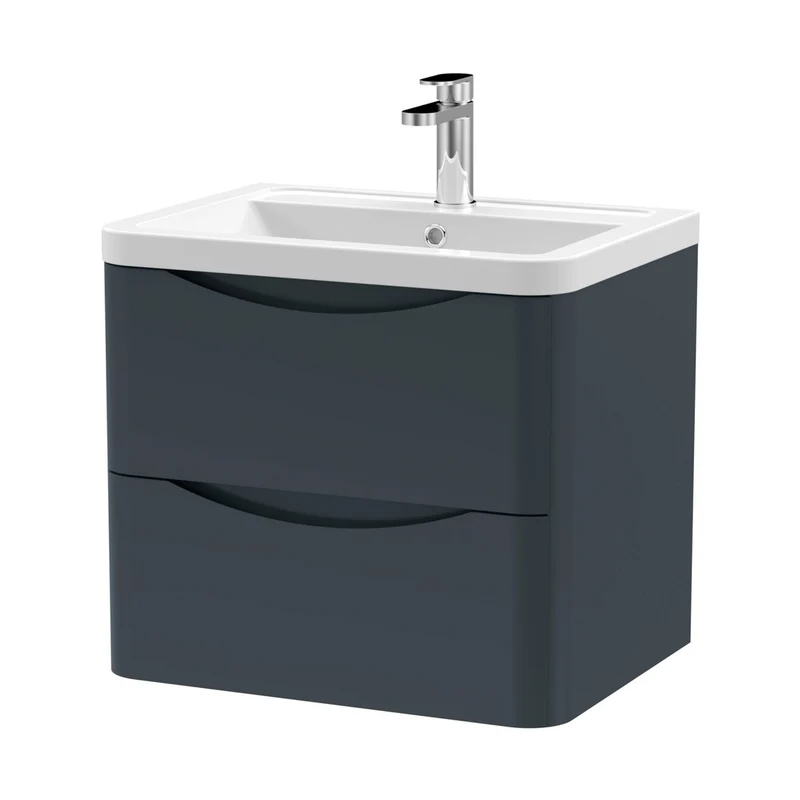 Nuie Lunar 600mm Wall Hung 2 Drawer Vanity & Ceramic Basin Contemporary Soft Black Ceramic,MFC Painted Matt 540x600x445mm