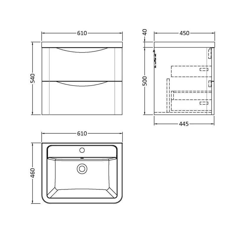 Nuie Lunar 600mm Wall Hung 2 Drawer Vanity & Ceramic Basin Contemporary Soft Black Ceramic,MFC Painted Matt 540x600x445mm
