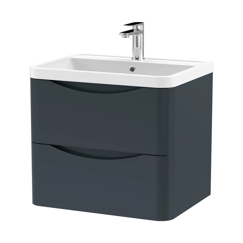 Nuie Lunar 600mm Wall Hung 2 Drawer Vanity & Polymarble Basin Contemporary Soft Black MFC Painted Matt,polymarble 540x600x445mm