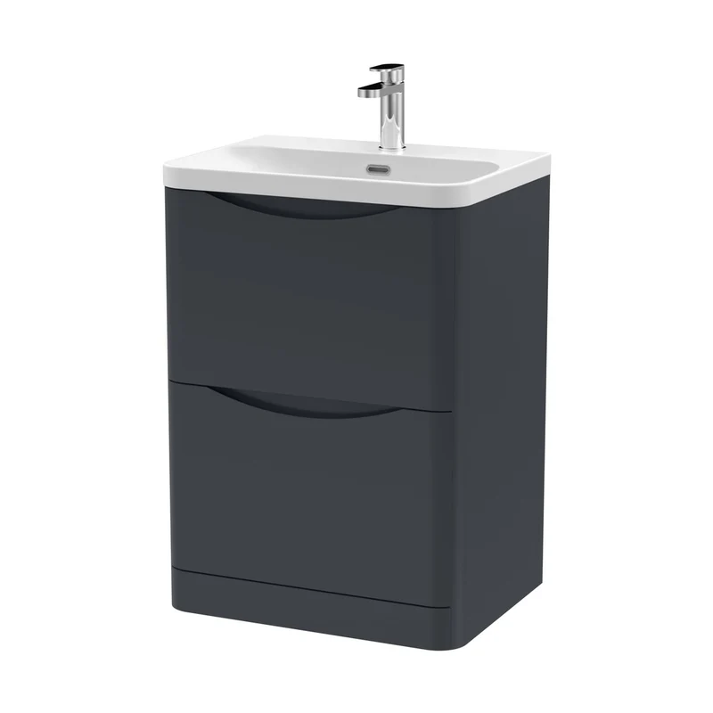 Nuie Lunar 600mm Floor Standing 2 Drawer Vanity & Thin Edge Ceramic Basin Contemporary Soft Black Ceramic,MFC Painted Matt