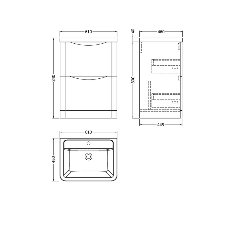 Nuie Lunar 600mm Floor Standing 2 Drawer Vanity & Ceramic Basin Contemporary Soft Black Ceramic,MFC Painted Matt 840x600x445mm