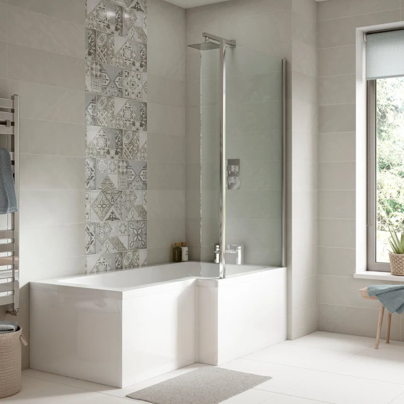Nuie Shower Baths 1700mm Right Hand Square Shower Bath Set Contemporary White Acrylic,aluminium