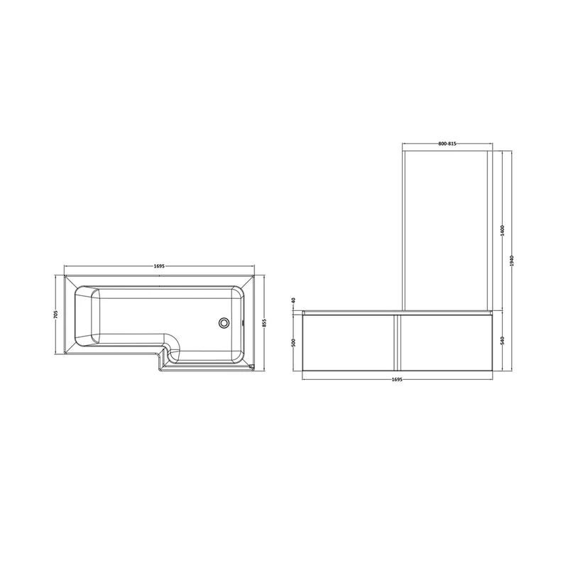 Nuie Shower Baths 1700mm Right Hand Square Shower Bath Set Contemporary White Acrylic,aluminium