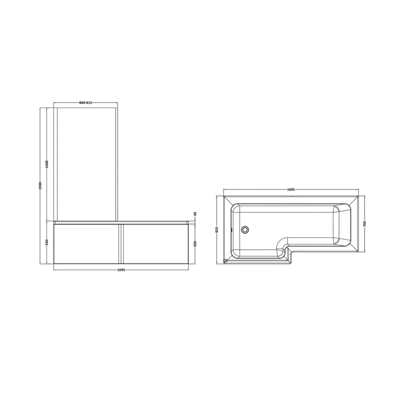 Nuie Shower Baths 1700mm Left Hand Square Shower Bath Set Contemporary White Acrylic,aluminium