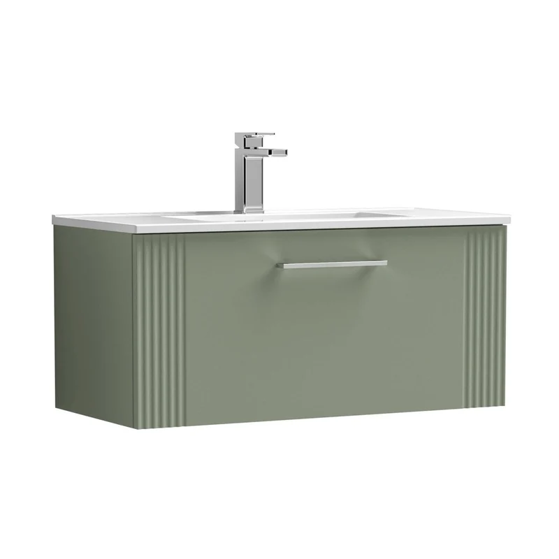 Nuie Deco 800mm Wall Hung Single Drawer Vanity & Basin 2 Contemporary Satin Green MFC Painted Gloss 377x805x395mm