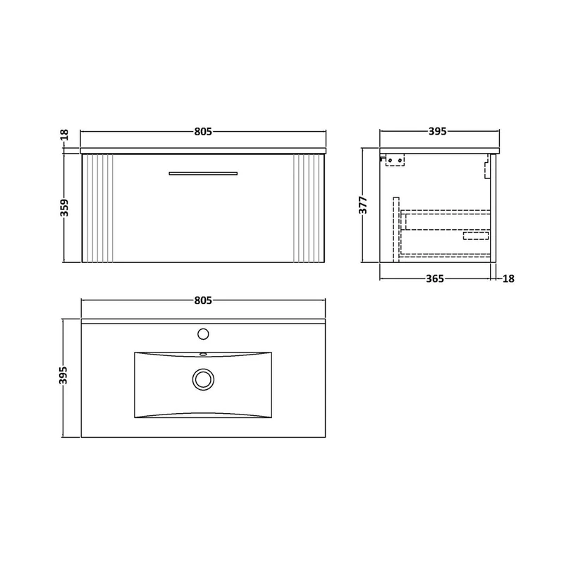 Nuie Deco 800mm Wall Hung Single Drawer Vanity & Basin 2 Contemporary Satin Green MFC Painted Gloss 377x805x395mm
