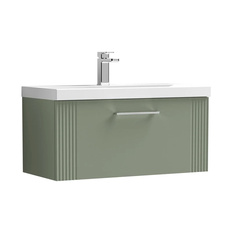Nuie Deco 800mm Wall Hung Single Drawer Vanity & Basin 1 Contemporary Satin Green MFC Painted Gloss 399x810x390mm