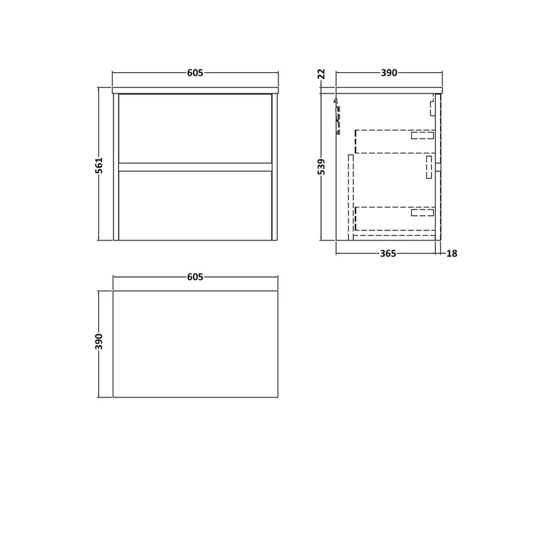 Nuie Havana 600mm Wall Hung 2 Drawer Unit & Worktop Contemporary Metallic Slate MFC Textured Matt 561x605x390mm - HAV2604LBG