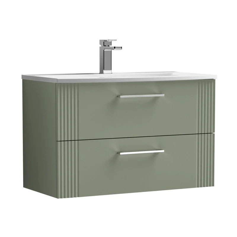 Nuie Deco 800mm Wall Hung 2 Drawer Vanity & Basin 4 Contemporary Satin Green MFC Painted Gloss 530x810x440mm
