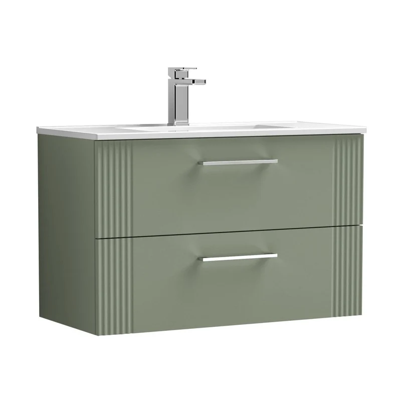 Nuie Deco 800mm Wall Hung 2 Drawer Vanity & Basin 2 Contemporary Satin Green MFC Painted Gloss 518x805x395mm