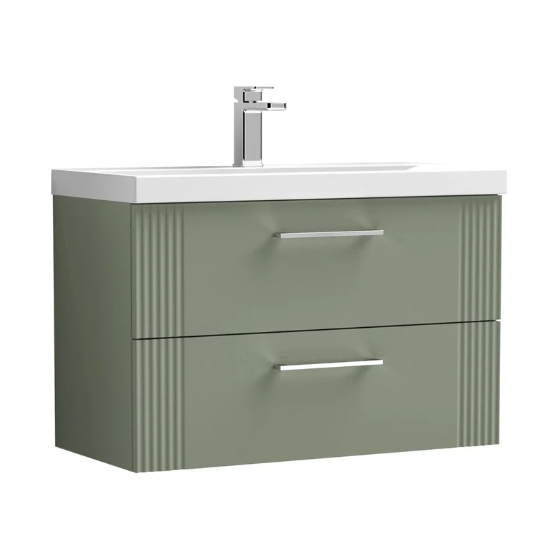 Nuie Deco 800mm Wall Hung 2 Drawer Vanity & Basin 1 Contemporary Satin Green MFC Painted Gloss 540x810x390mm