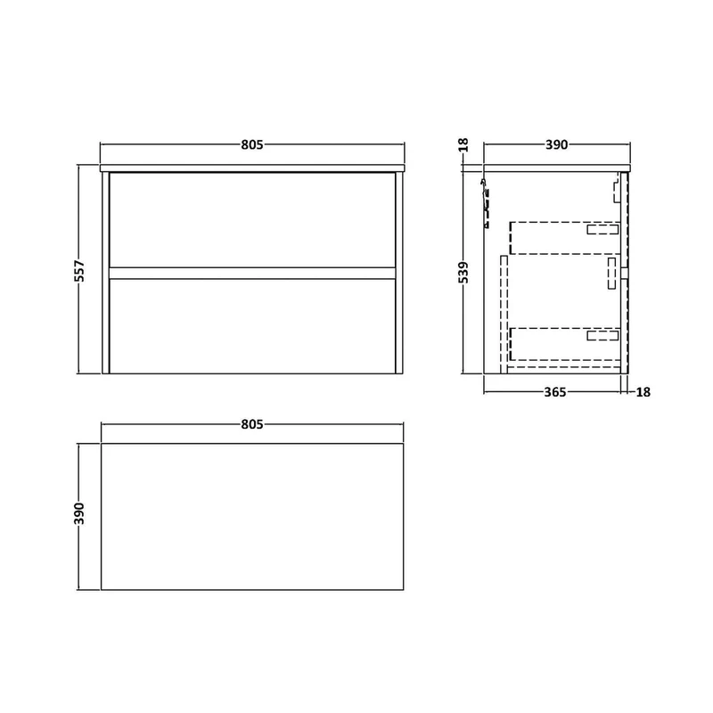 Nuie Havana 800mm Wall Hung 2 Drawer Unit & Worktop Contemporary Coastal Grey MFC Smooth Matt 557x805x390mm