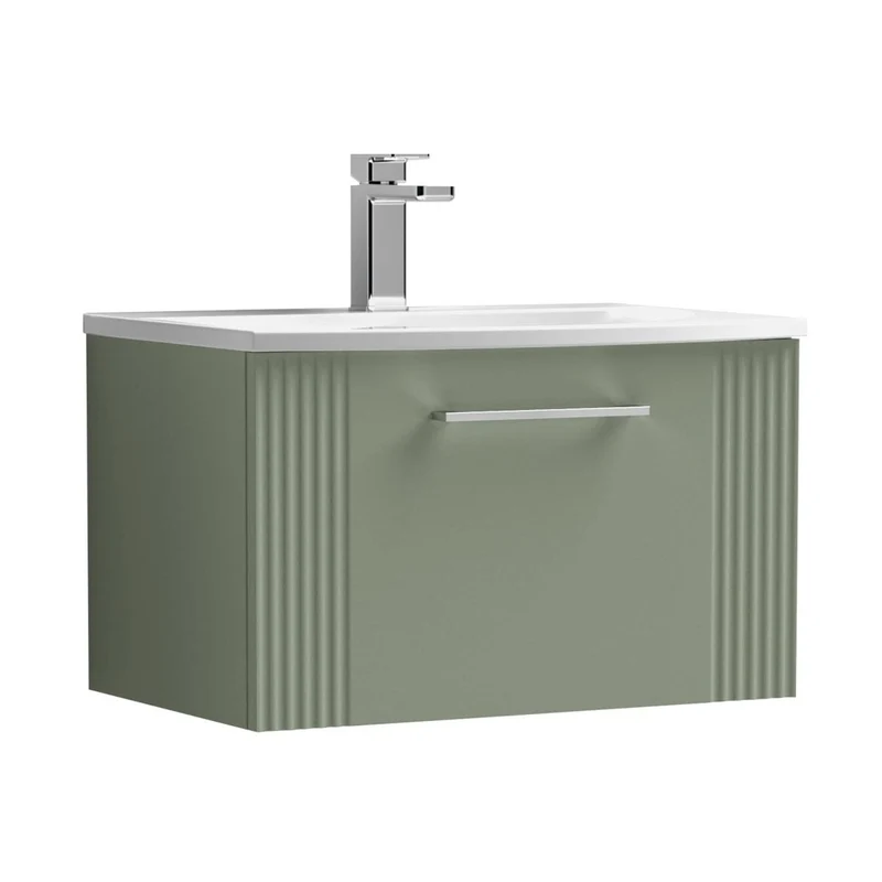 Nuie Deco 600mm Wall Hung Single Drawer Vanity & Basin 4 Contemporary Satin Green MFC Painted Gloss 389x610x440mm
