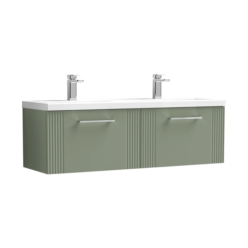 Nuie Deco 1200mm Wall Hung 2 Drawer Vanity & Double Basin Contemporary Satin Green MFC Painted Gloss 399x1205x390mm - DPF894F