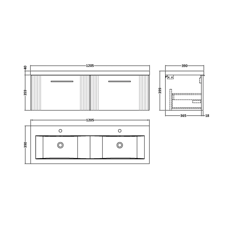 Nuie Deco 1200mm Wall Hung 2 Drawer Vanity & Double Basin Contemporary Satin Green MFC Painted Gloss 399x1205x390mm - DPF894F