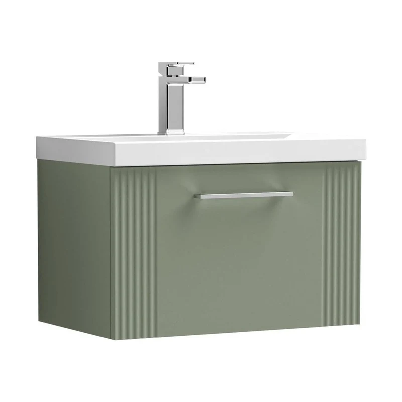 Nuie Deco 600mm Wall Hung Single Drawer Vanity & Basin 3 Contemporary Satin Green MFC Painted Gloss 409x610x395mm