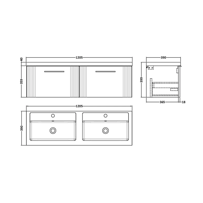 Nuie Deco 1200mm Wall Hung 2 Drawer Vanity & Double Basin Contemporary Satin Green MFC Painted Gloss 399x1205x390mm - DPF894C