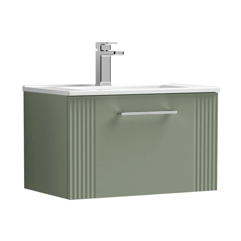 Nuie Deco 600mm Wall Hung Single Drawer Vanity & Basin 2 Contemporary Satin Green MFC Painted Gloss 377x605x395mm